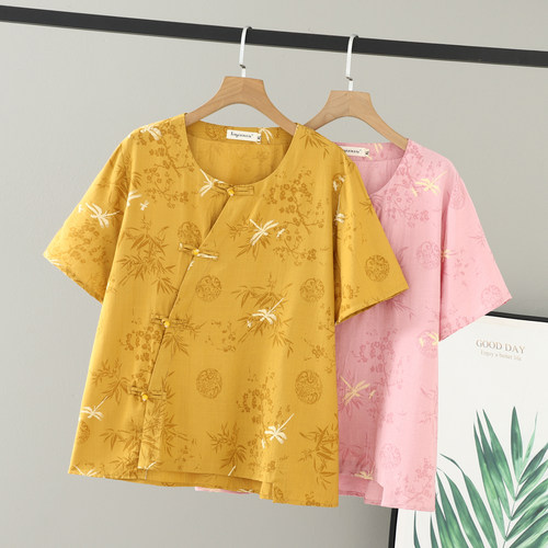 大码国风盘扣圆领短袖上衣