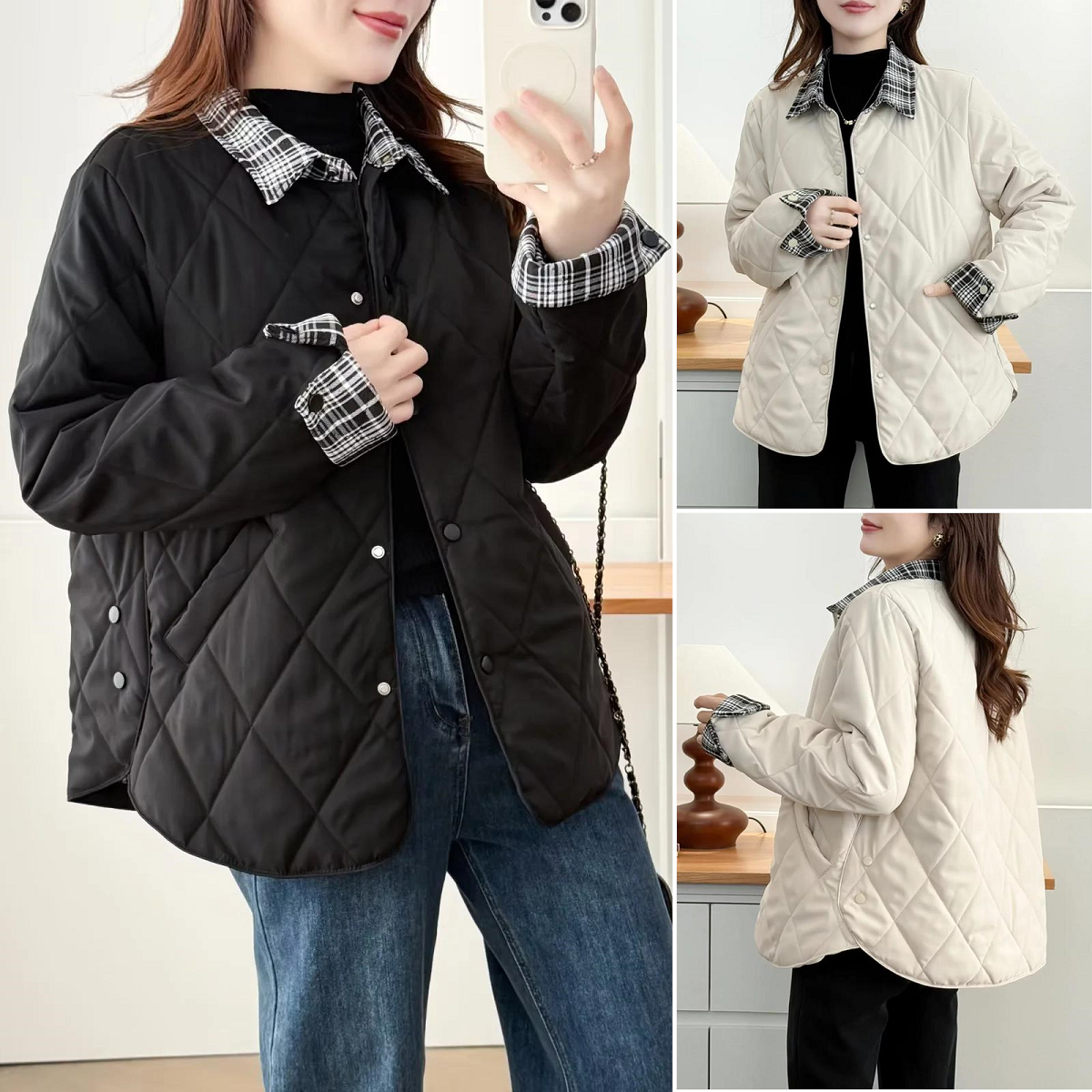 大码菱格拼接格子Polo领棉袄