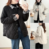 2025新款 胖mm棉服菱格中年拼接格子时髦Polo领棉袄女 女装 冬装 大码