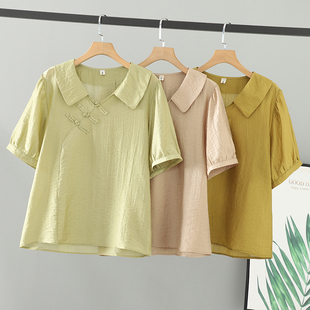 加肥加大码女装夏装新款胖妹妹女上衣微胖200斤短袖国风盘口衬衫