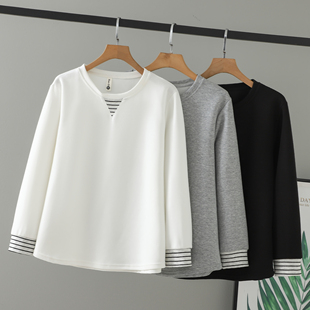 新款 女装 2025中年百搭条纹拼接女上衣撞色圆领卫衣 大码 胖mm秋装