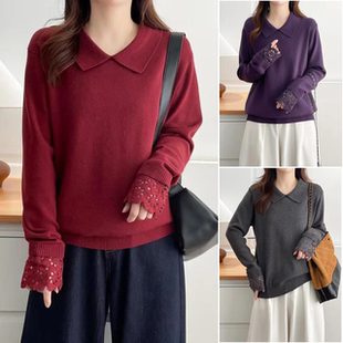 2026大码女装新款冬装胖mm拼接镂空袖口女针织衫翻领中年纯色上衣