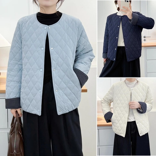 2025圆领菱形格中年棉衣纯色翻袖 女装 格子拼接女棉袄 大码 胖mm冬装