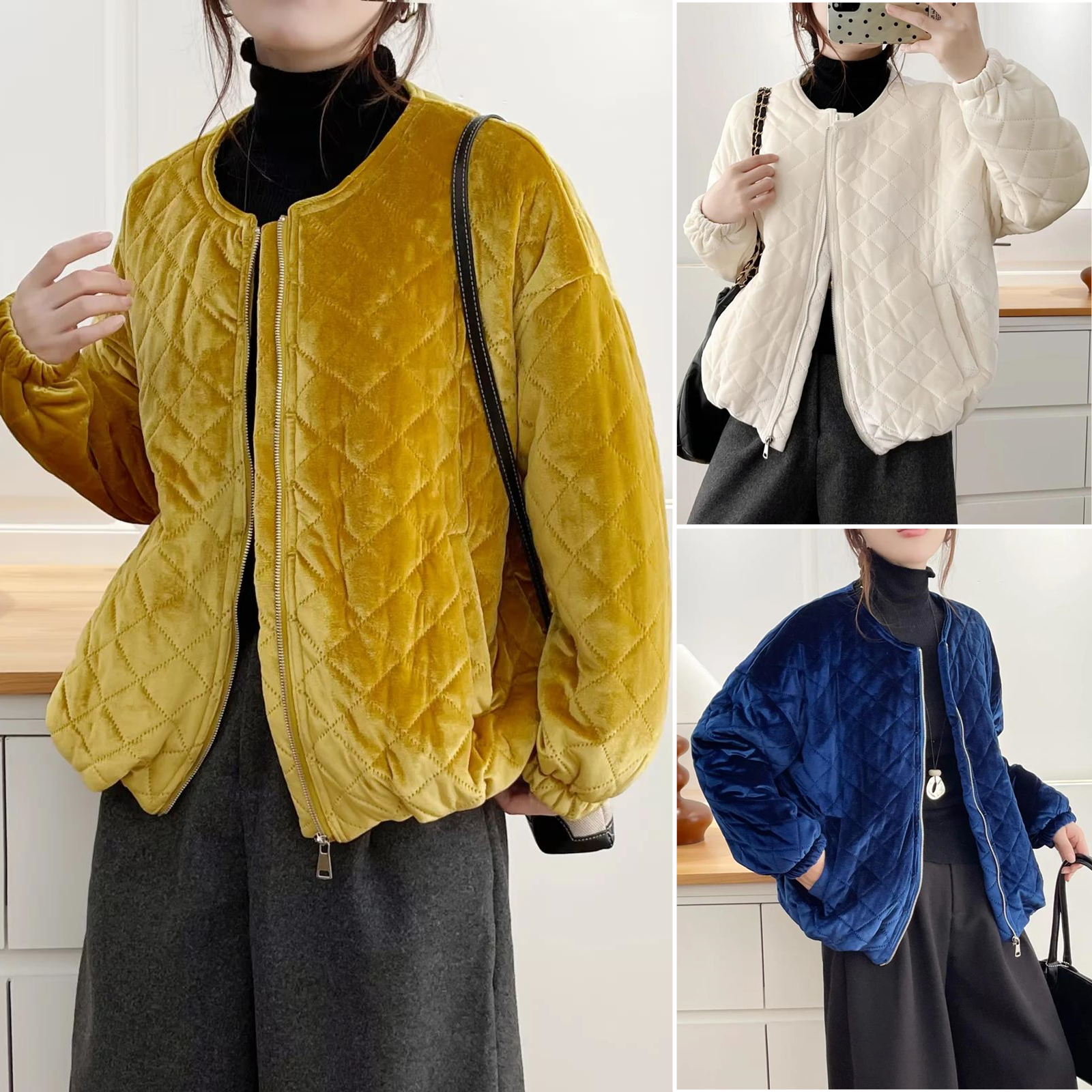 冬装大码女韩系丝绒菱格棉服