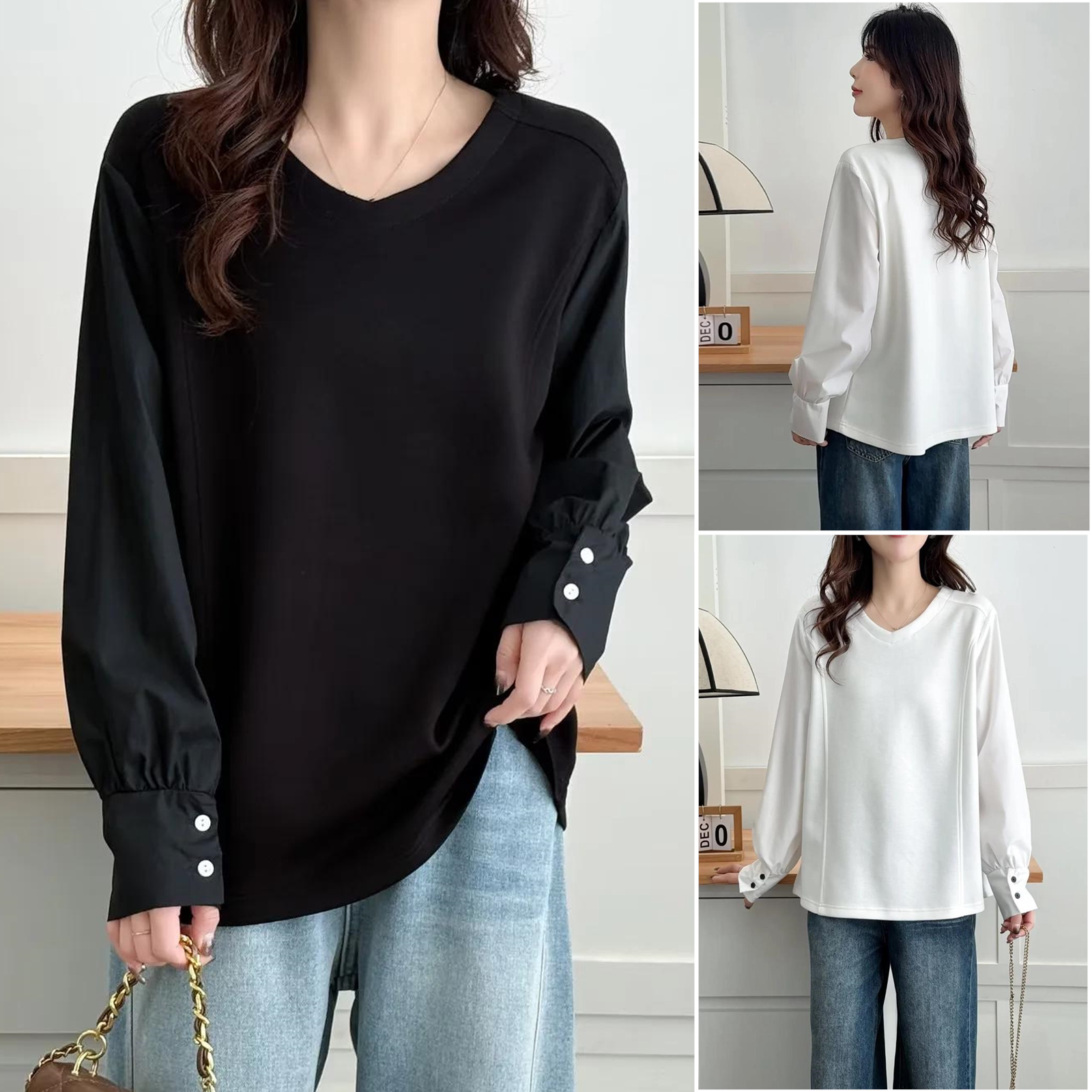 胖mm春装新款女装2026大码袖子纽扣设计女T恤纯色V领长袖中年上衣