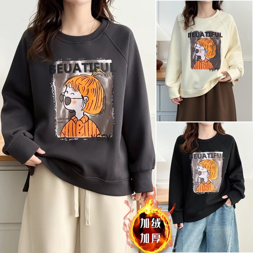 卡通女孩印花加绒加厚圆领卫衣