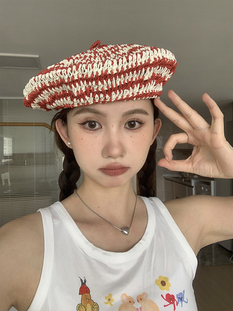 休闲日系女夏季拼色贝雷帽
