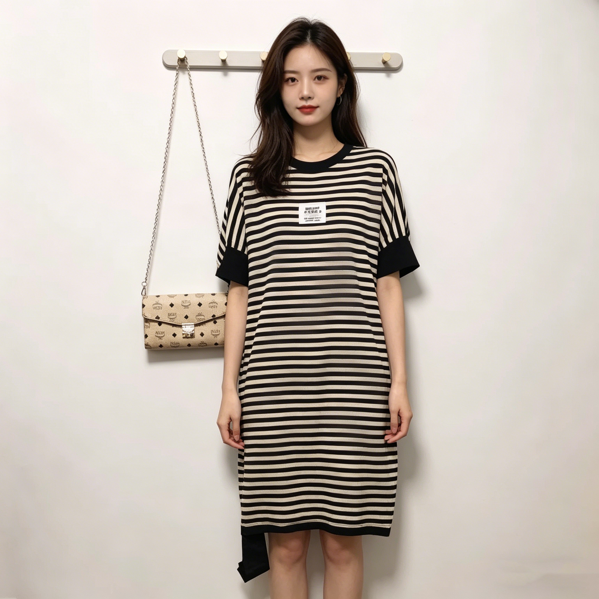 欧货条纹短袖连衣裙女早春夏季梨型身材2025新款宽松洋气显瘦裙子
