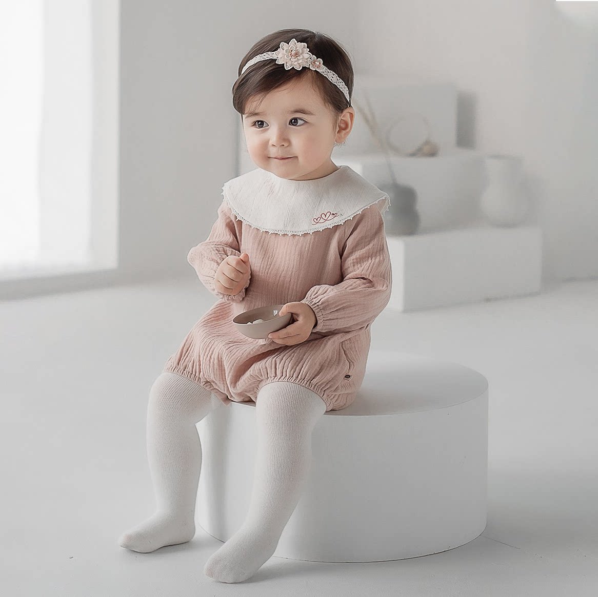 韩国进口女宝宝包屁衣全棉连身哈衣爬服女婴儿百天周岁礼服婴童装