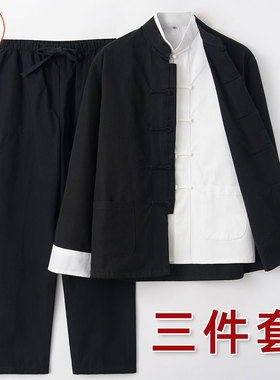 春秋款唐装男青年中国风纯棉三件套复古中式套装李小龙同款功夫衫