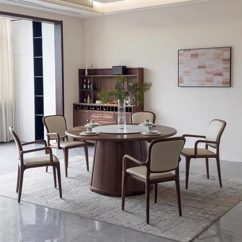 新中式实木圆形餐桌2026新款高端胡桃木饭桌6人8人岩板转盘家用