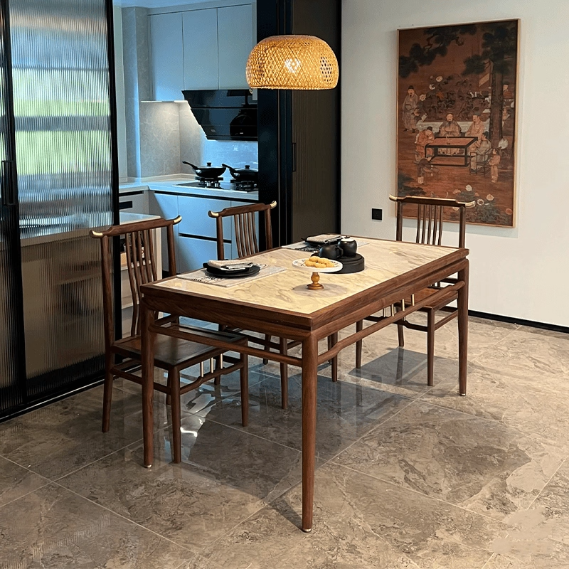 新中式禅意实木餐桌椅组合北美黑胡桃木餐厅桌椅内镶岩板台面长桌,住宅家具,家用茶台/茶桌,淘宝优惠券,粉丝福利购,淘宝优惠卷