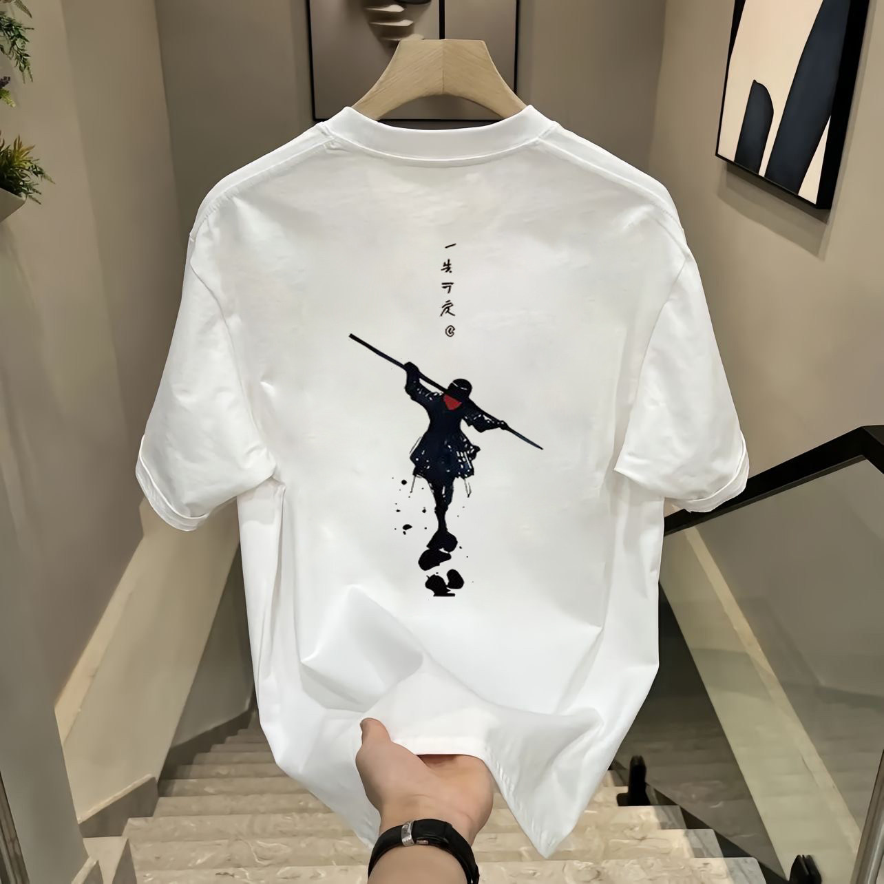 高端纯棉短袖t恤男士潮牌圆领宽松休闲简约印花痞帅时尚半袖上衣