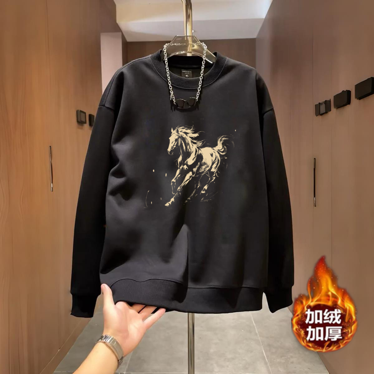 潮牌时尚休闲卫衣男士2025秋冬季新款中国风马匹印花修身加绒上衣