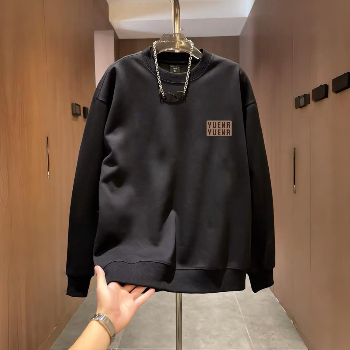 美式纯棉圆领卫衣男士修身简约潮牌重磅秋冬休闲无帽套头外套上衣