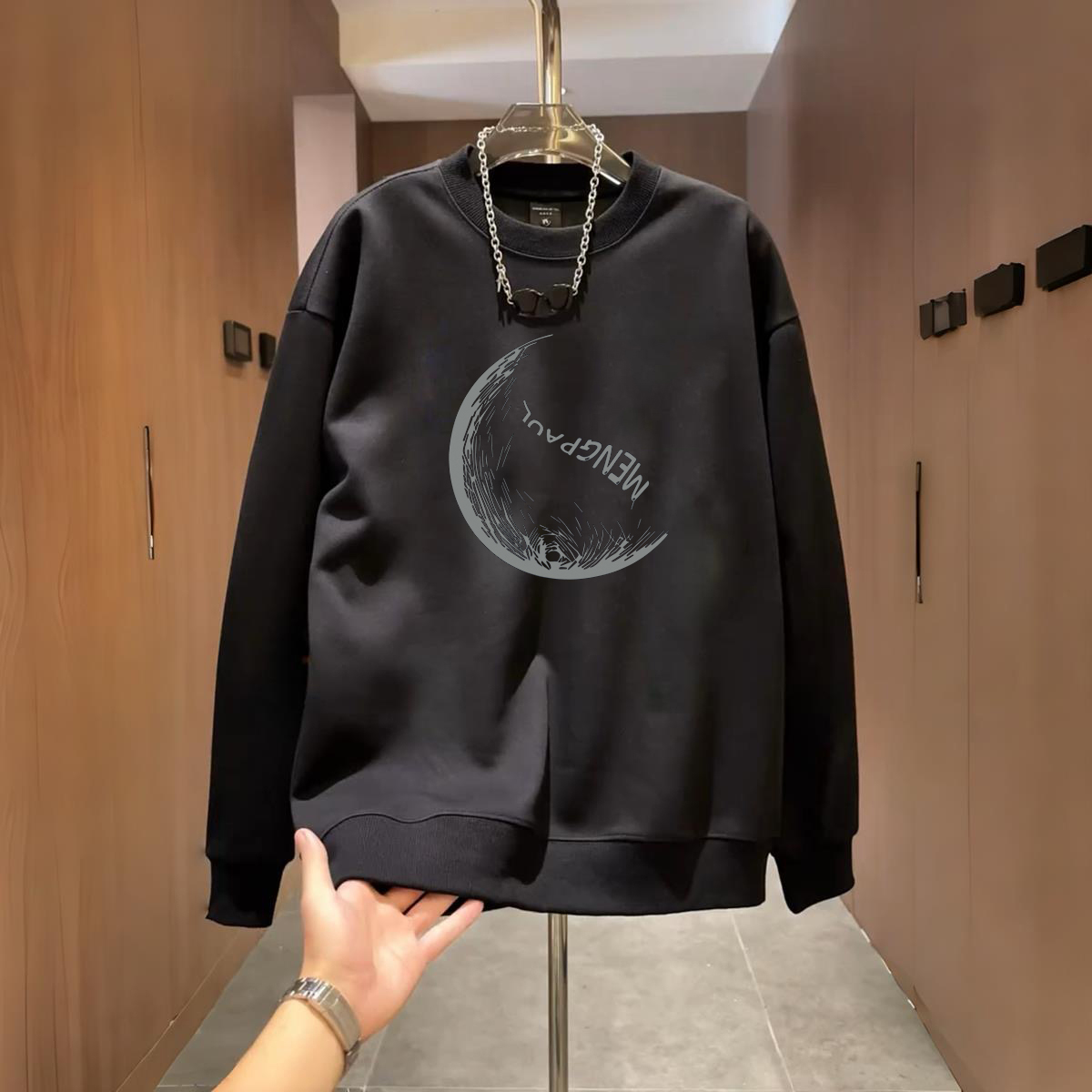 2025新款秋冬季潮牌圆领卫衣男长袖黑色印花休闲百搭上衣痞帅潮流