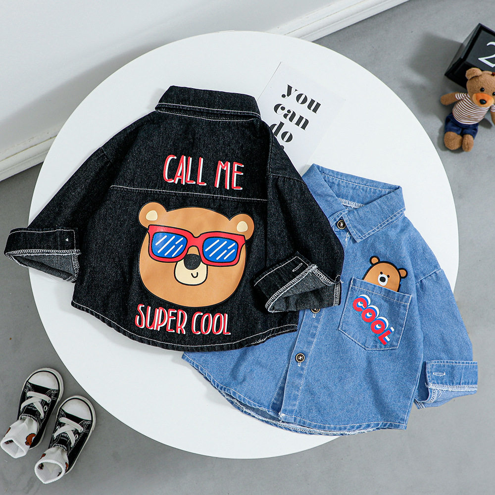 2021春款童装牛仔衬衫男童卡通cool熊长袖衣服工厂直发在类目 童装/婴儿装/亲子装, 衬衫中 - 来自Buy2taobao.com提供专业的淘宝代购服务