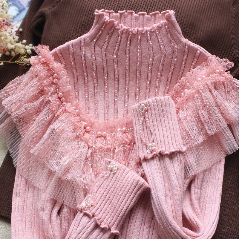 蕾丝荷叶边流苏半高领修身毛衣