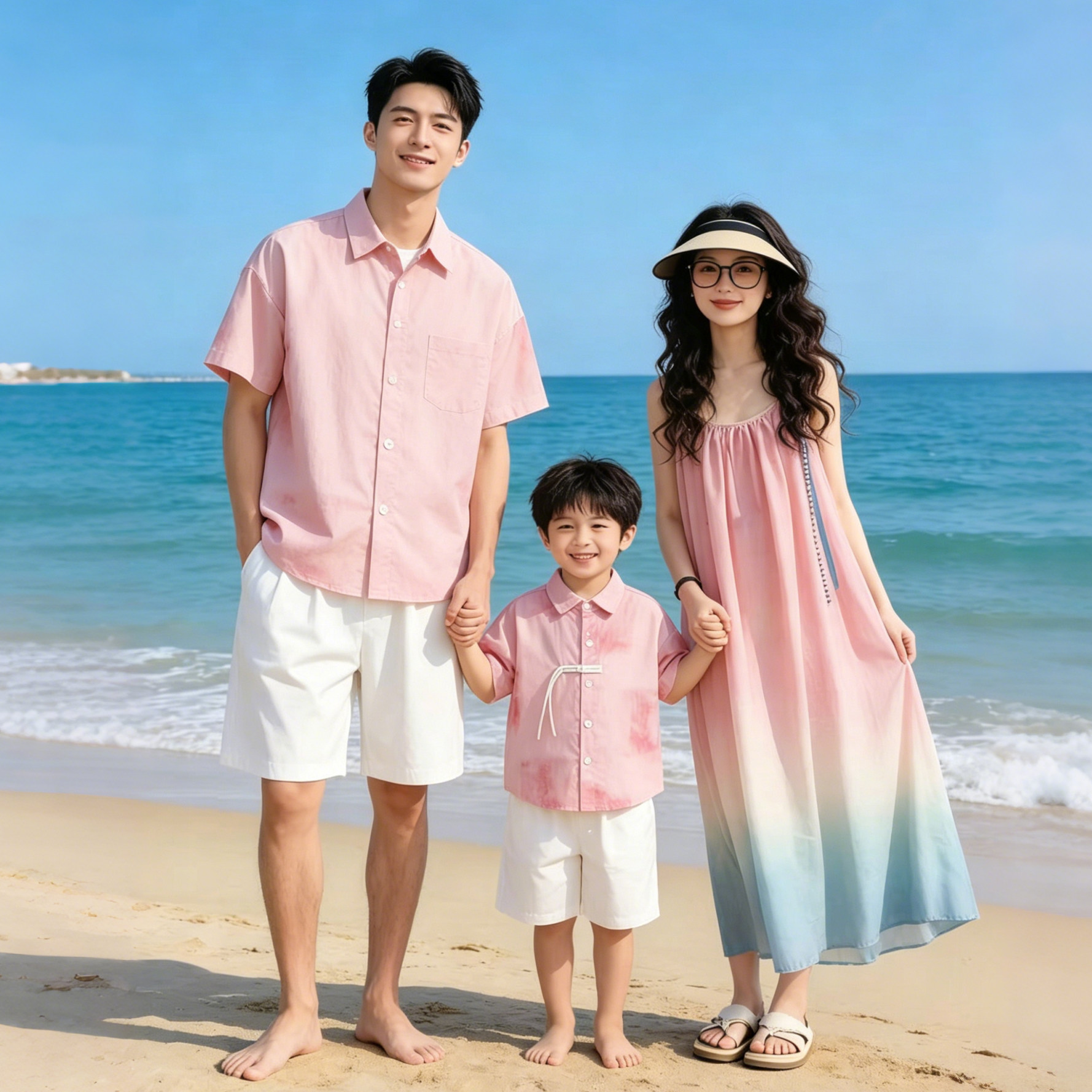 度假风亲子装夏季海边沙滩一家三口母女连衣裙情侣套装POLO领套装