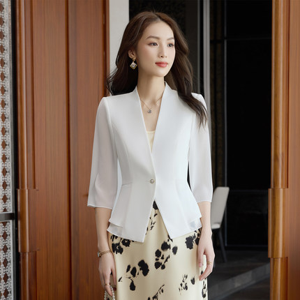 轻熟风无领西装外套女2026春夏新款七分袖白色高级感气质薄款上衣
