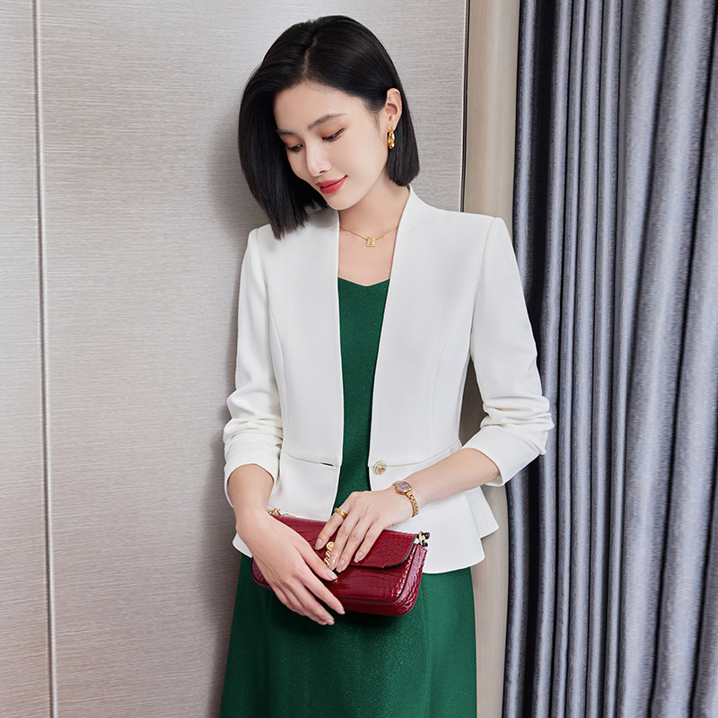 高端无领西装短款外套女春秋新款气质播音员主持人连衣裙两件套