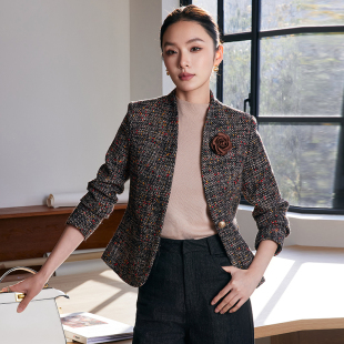 西装外套女短款小个子2025春季新款高级感气质英伦风格子无领西服