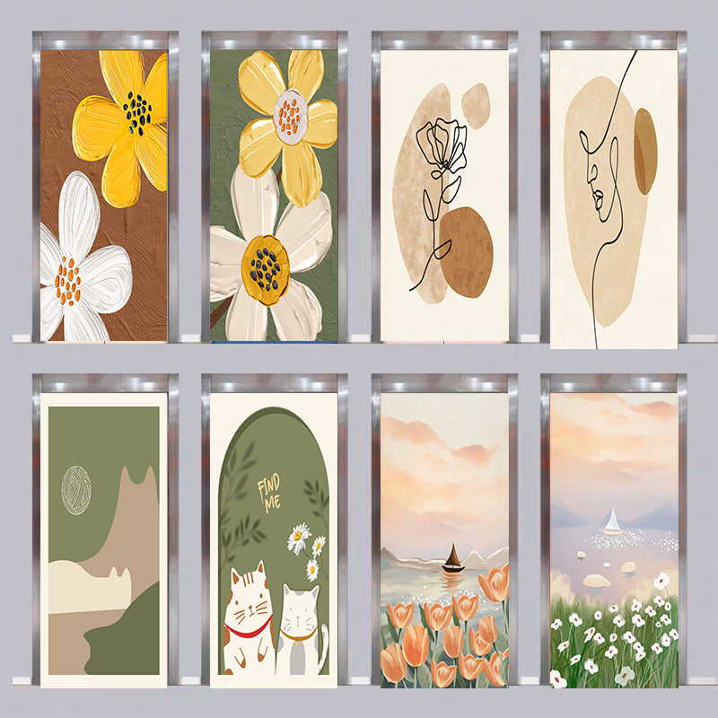 奶油风门贴纸整张自粘旧木门翻新遮丑抽象花卉肌理防水防潮卫生间