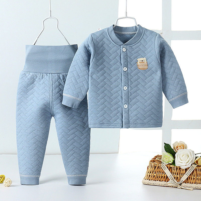 男女宝宝纯棉保暖内衣套装儿童夹棉开衫高腰护肚裤三层保暖套装