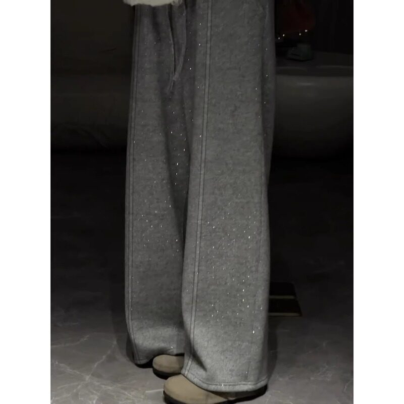 小个子加绒运动弯刀裤子浅灰色亮片阔腿裤女秋冬2026新款高腰显瘦