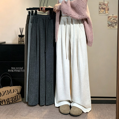米白色女高腰显瘦垂感阔腿糯米裤