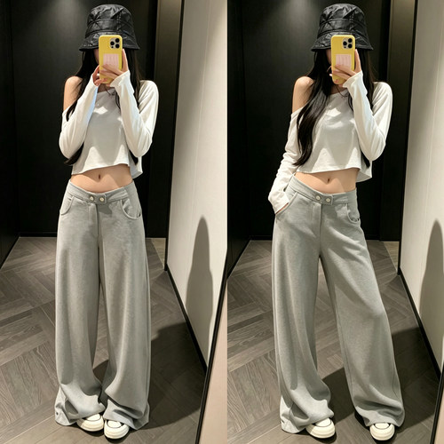 灰色美式宽松显瘦垂坠感阔腿卫裤