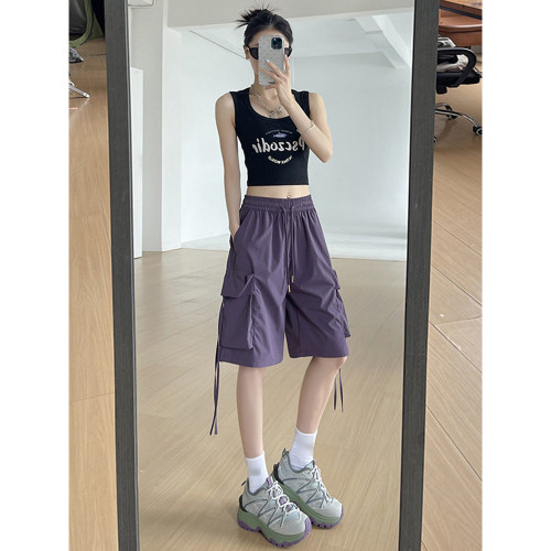 紫色工装短裤女夏季2026新款高腰速干小个子阔腿外穿运动裤子五分