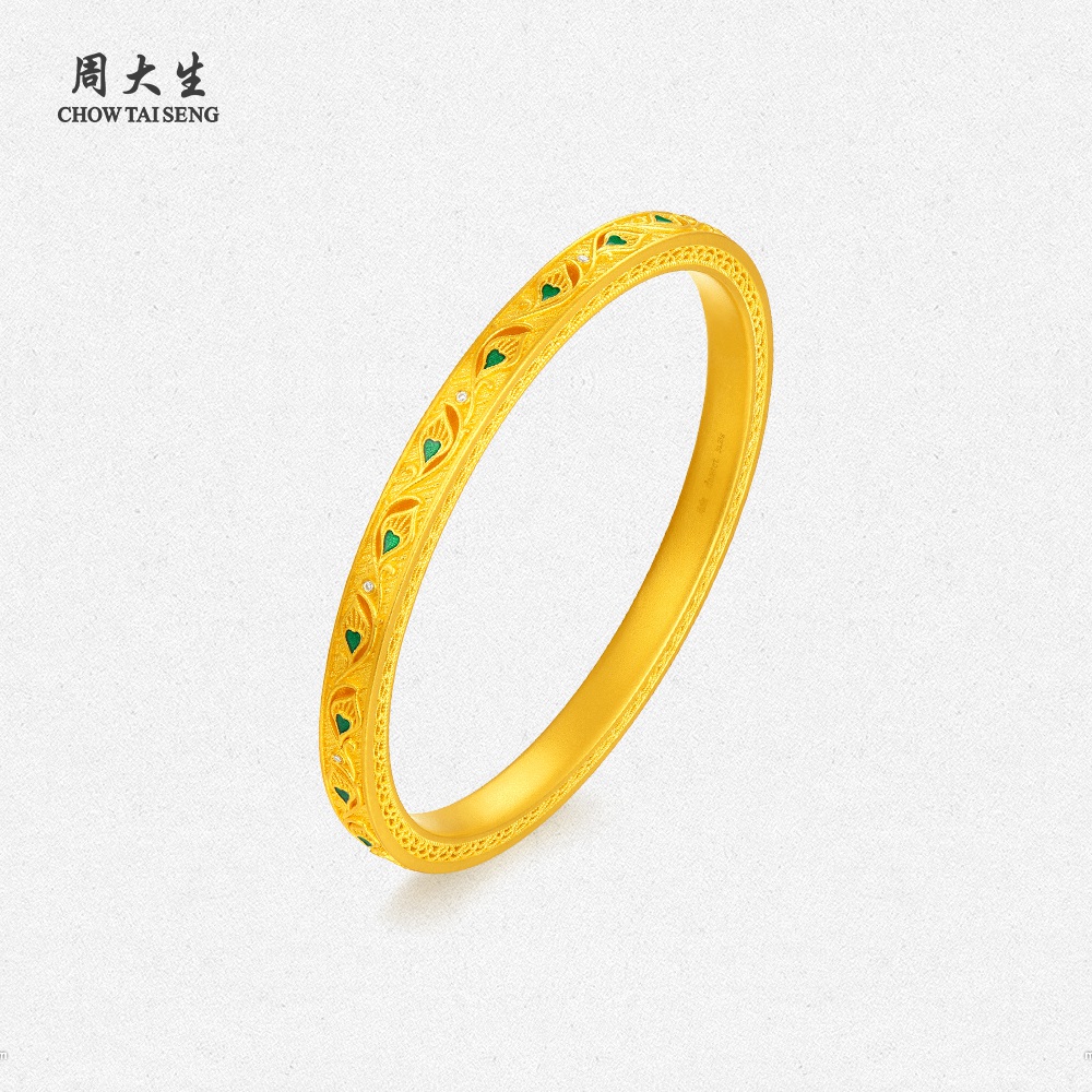 【高端定制】周大生古法足金翠羽明珠镶钻石黄金手镯送女友送妈妈