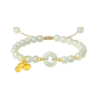 周大生黄金镶玉手链女和田玉手串平安扣硬金手绳送女友新年礼物