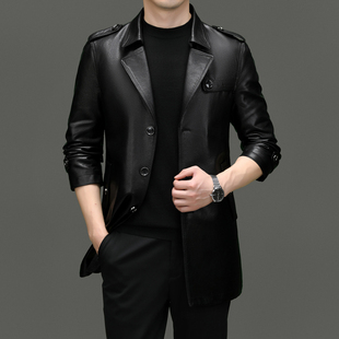 领皮夹克大衣外套 皮风衣腰带西装 新款 海宁真皮皮衣男绵羊皮中长款