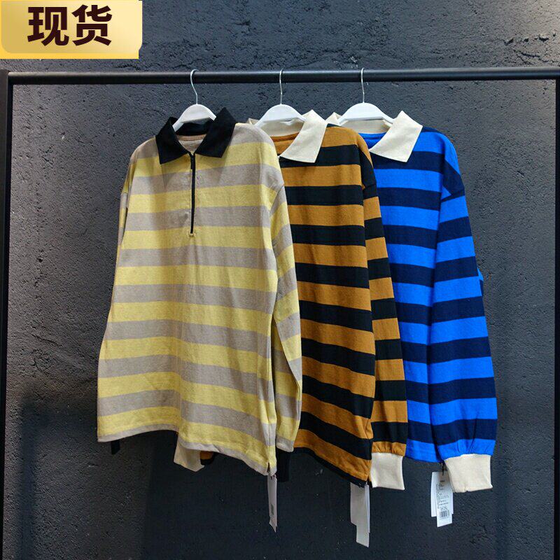 【现货】MONA拉链条纹复古怀旧时尚ins潮T恤女士翻领长袖春季新款