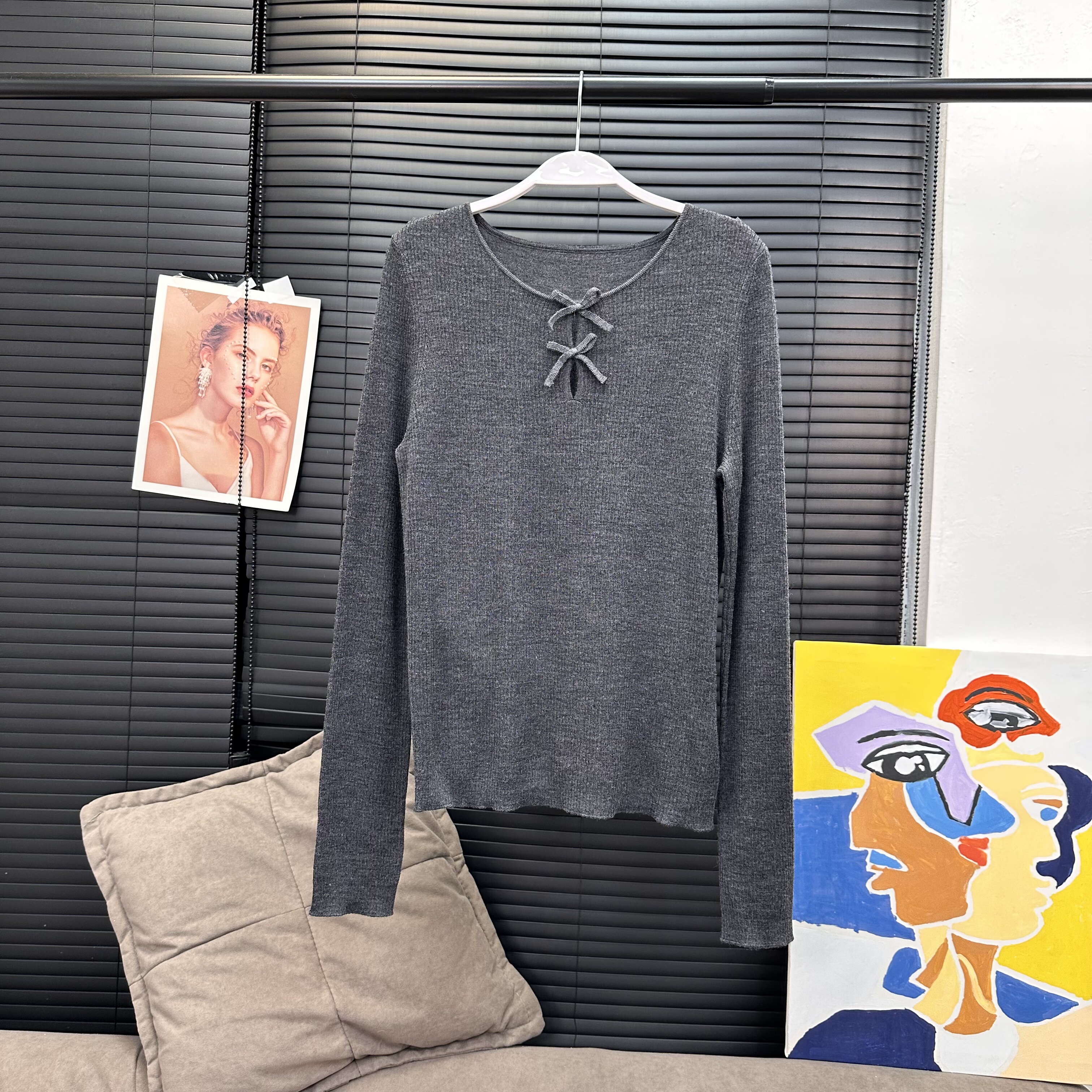 MX 可机洗100羊毛16针精纺镂空蝴蝶结针织衫修身显瘦打底上衣