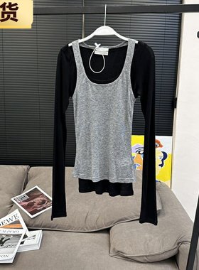 【现货】MS设计感修身背心长袖T莱赛尔羊毛面膜衫吊带叠穿两件套