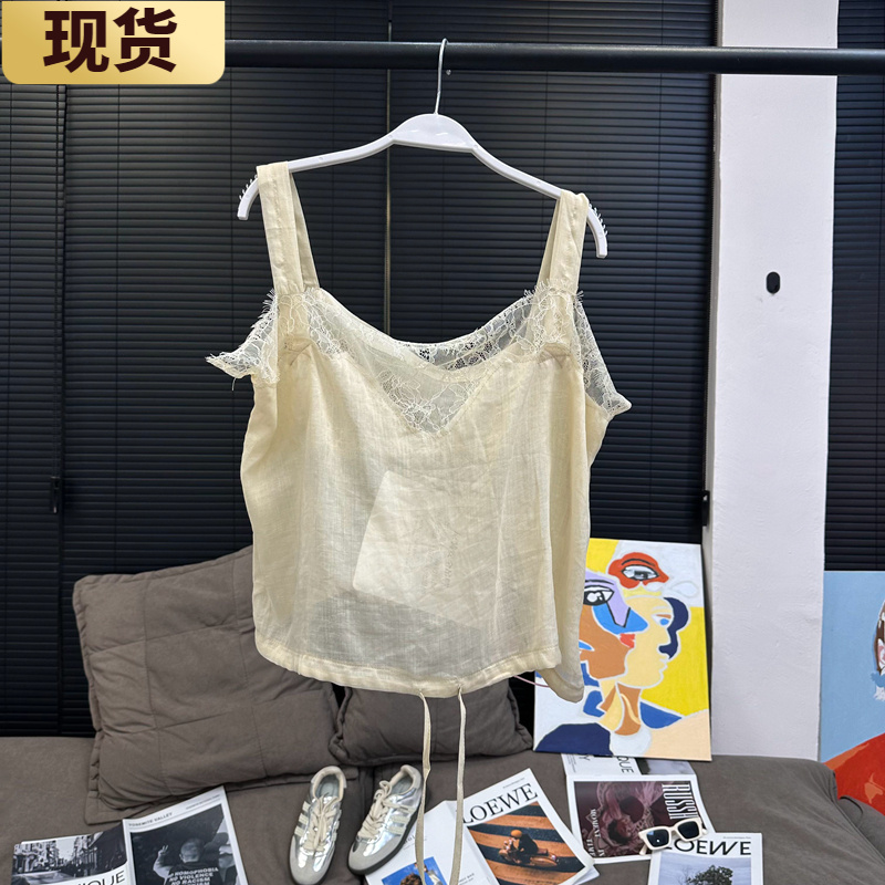 现货MX 100苎麻蕾丝拼接外穿吊带背心抽绳法式温柔风米杏色上衣女