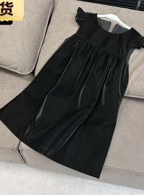 现货/axb佛拉门戈 星河灿烂黑色pu感小飞袖连衣裙无袖气质背心裙