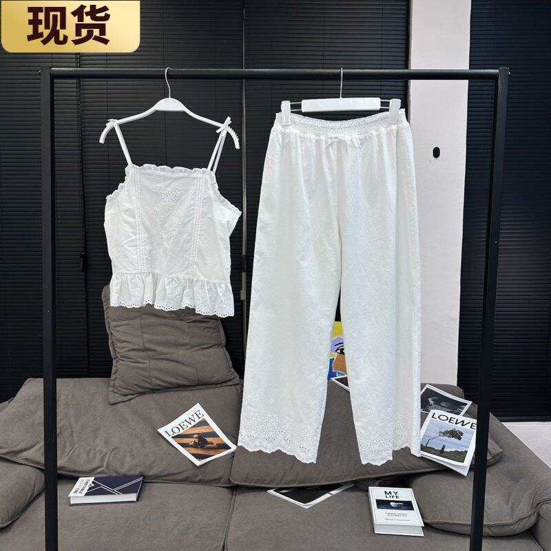 夏花法式绣花棉吊带与九分裤