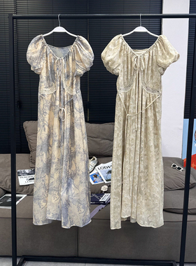 MX 天丝炒色蓝色碎花V领连衣裙夏蕾丝拼接法式泡泡袖茶歇长裙