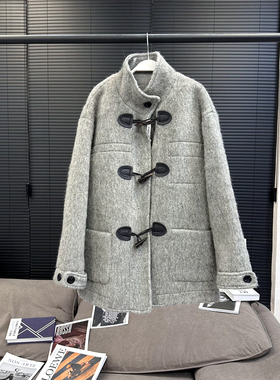 axb飞往都柏林灰色羊毛牛角扣大衣女宽松休闲毛呢外套秋冬