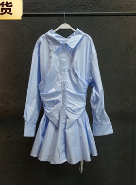【现货】VC大王风蓝色纯净设计感露肩衬衫裙女春新款时髦连衣裙