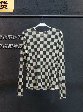 【现货】棋盘格打底衫女内搭春秋薄款上衣韩版宽松圆领T恤