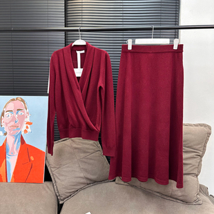 【MS 12/29新品】港系美神V领针织衫半裙套装亨特红陨石黑