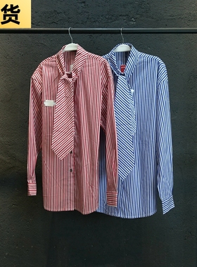 MONA领带条纹蓝色衬衫女设计感小众复古法式洋气时尚轻熟小个子