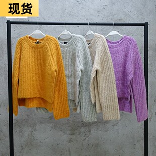 MONA毛衣女宽松外穿秋冬韩版百搭慵懒风开叉圆领短款套头针织衫