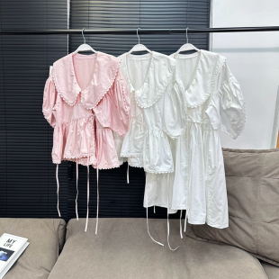 【现货】MONA娃娃领泡泡袖短袖衬衫上衣连衣裙女收腰显瘦夏季新款