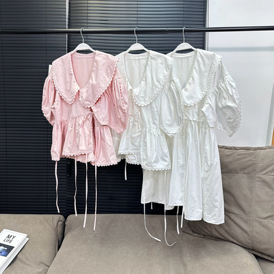 【现货】MONA娃娃领泡泡袖短袖衬衫上衣连衣裙女收腰显瘦夏季新款